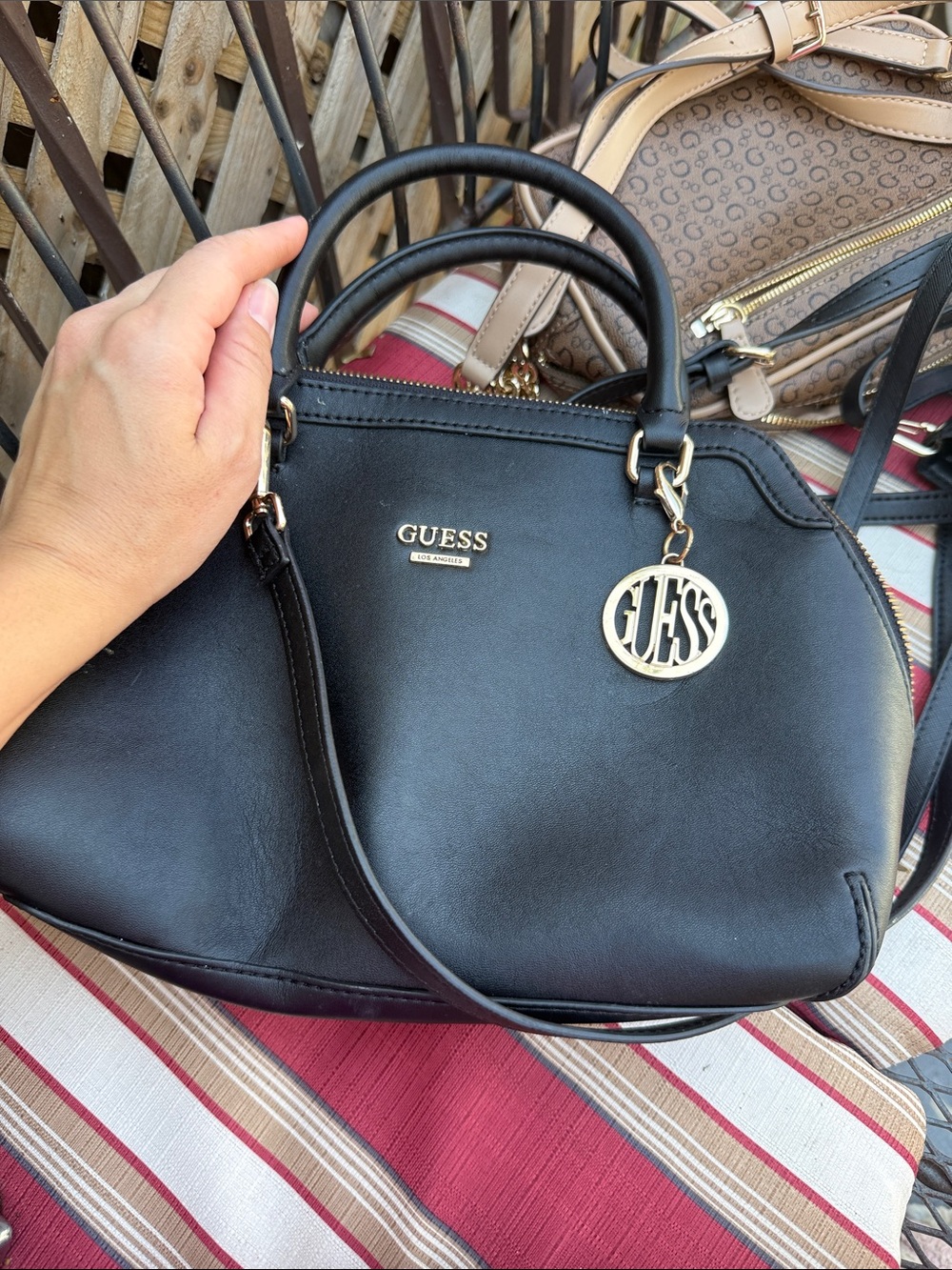 GUESS Black Leather Satchel with Gold Logo Charm